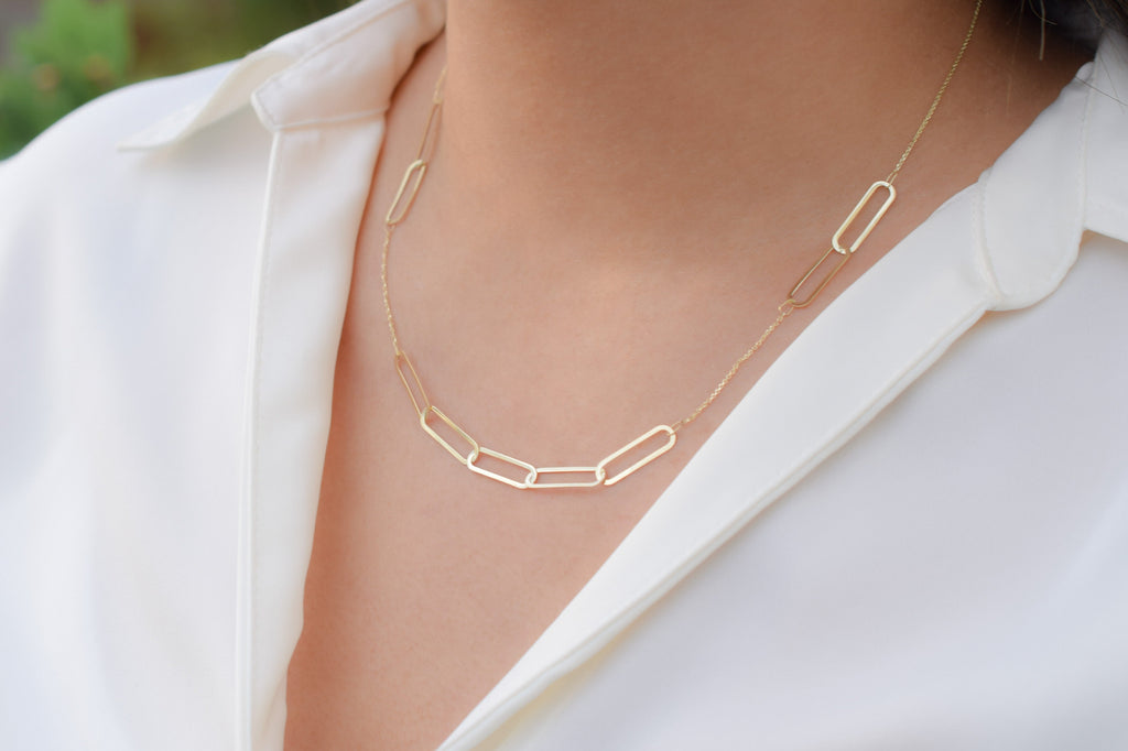 schakelketting goud, ketting 14k, 9 schakelketting goud, gouden ketting met schakels, paperclip ketting