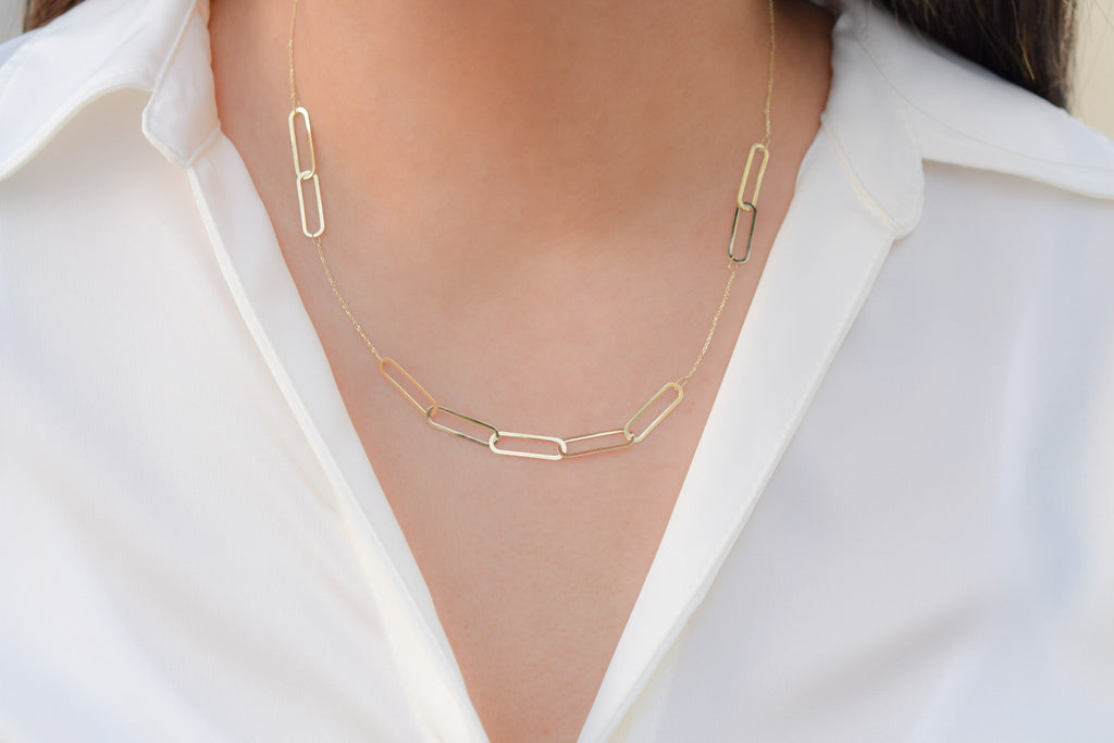 schakelketting goud, ketting 14k, 9 schakelketting goud, gouden ketting met schakels, paperclip ketting