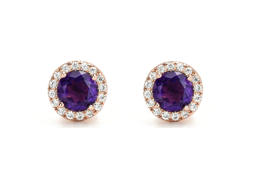 oorknoppen rond amethyst, paarse ronde oorbellen, amethyst paarse oorknoppen, halo oorbellen, kleine ronde oorbellen, birthstone oorbellen, geboortesteen oorbellen, gouden paarse oorbellen, rosegouden oorbellen, zilveren amethyst oorbellen