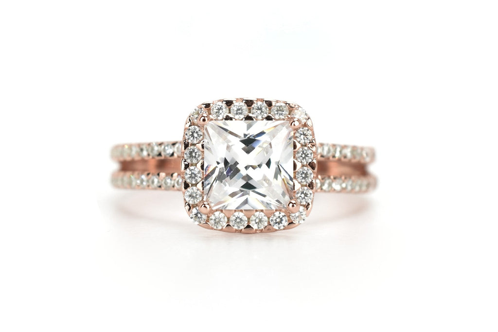rose goud ring, dubbele rose ring, 18k rose ring, dubbele ring rosegoud, prinsesgeslepen ring, grote steen ring, vierkante steen, velovingsring, zilveren verlovigsring
