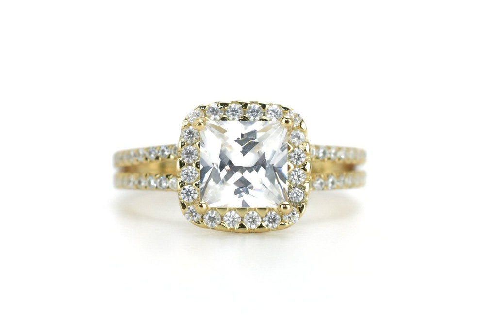 rose goud ring, dubbele rose ring, 18k rose ring, dubbele ring rosegoud, prinsesgeslepen ring, grote steen ring, vierkante steen, velovingsring, zilveren verlovigsring