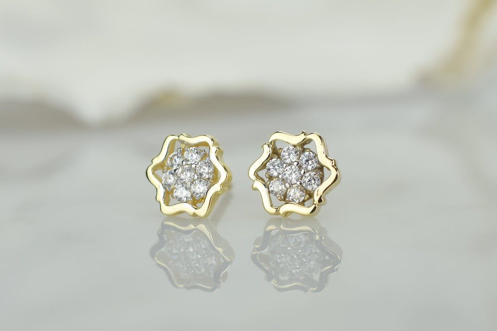gouden oorknoppen met stenen, 14k oorbellen met stenen, bloemen oorknoppen, 14 karaat bloemvormige oorbellen 