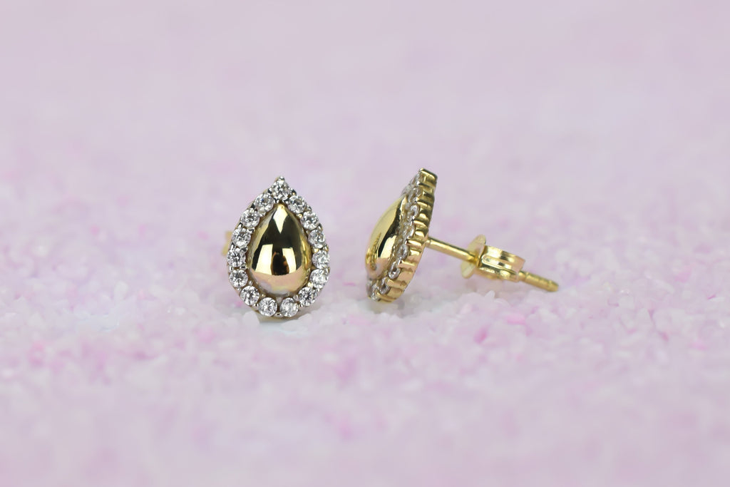 14k peer oorbellen, gouden oorbellen met stenen, 14 karaat druppel oorbellen, oorbellen met stenen, 14k oorbellen peer met stenen, halo oorbellen goud