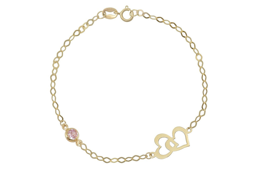 Dames gouden armband, dames armband, hartjes met steentje armband, dames armband met roze steentje en hartjes, dubbele hart armband, gouden dubbele hart met steen armband, prachtige dames armband