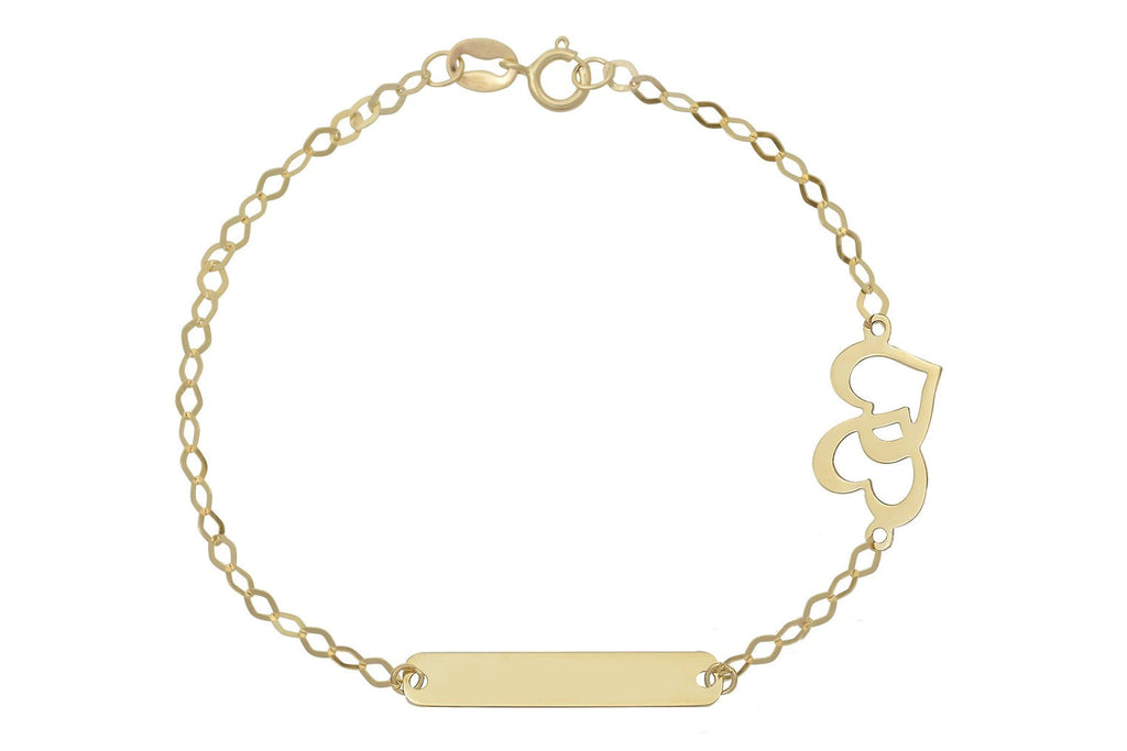 gouden naamplaatje armband, dames armband, gouden graveer armband, graveerplaatje met hartjes armband, schakelarmband, moeder kind armband goud