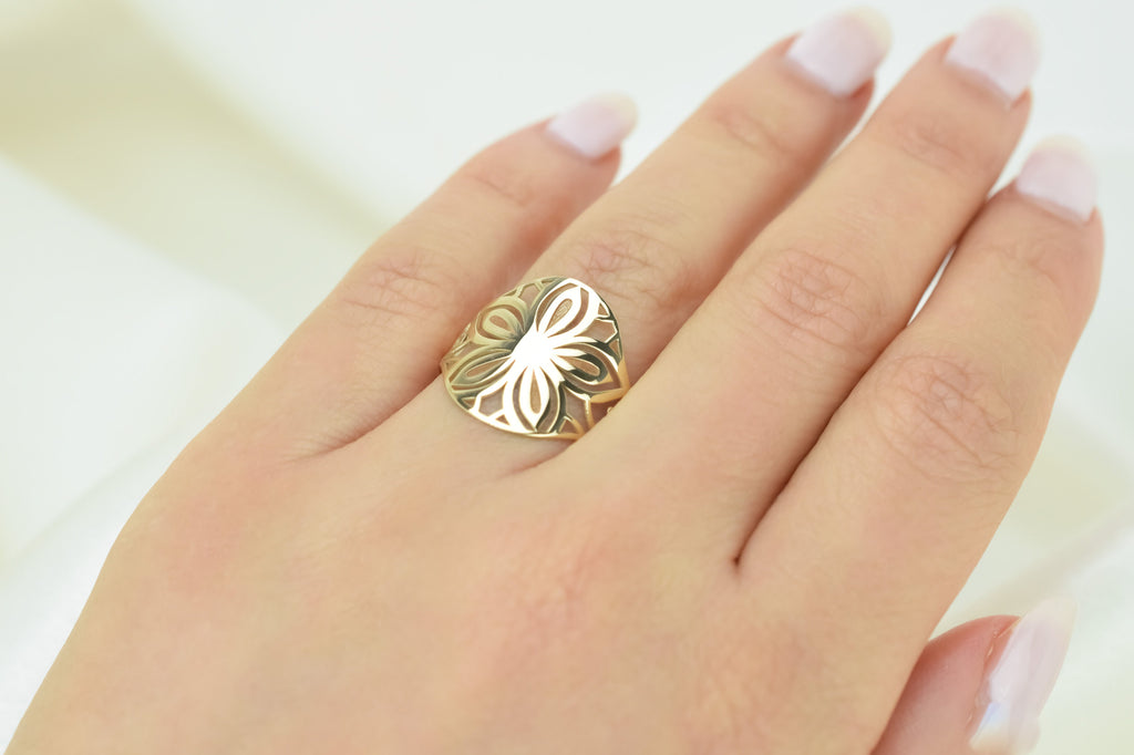 14k bloem Zegelring, Brede gouden ring, 14k Ring, Vrouwen Ring, Duim Ring, Statement Ring, Sieraden, Graveer Ring, Blaadjes Ring, Roos Ring