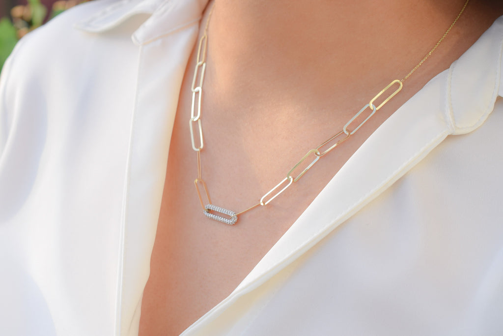 schakelketting goud, 14k ketting met stenen, stenen gouden ketting, paperclip ketting goud