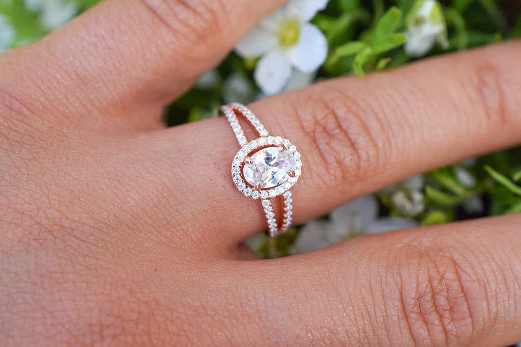 Verlovingsring goud, dubbele band ring, zilveren ring met ovale steen, dames ring met stenen, rosegouden ring met steen, ovale ring met dubbele band, unieke ring met steen