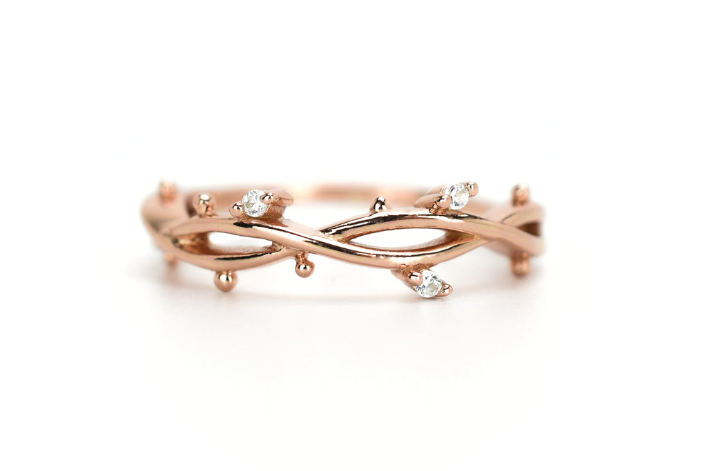 earth ring, 18k ring, eternity ring, rose gouden ring, branch ring, stapelring rosegoud