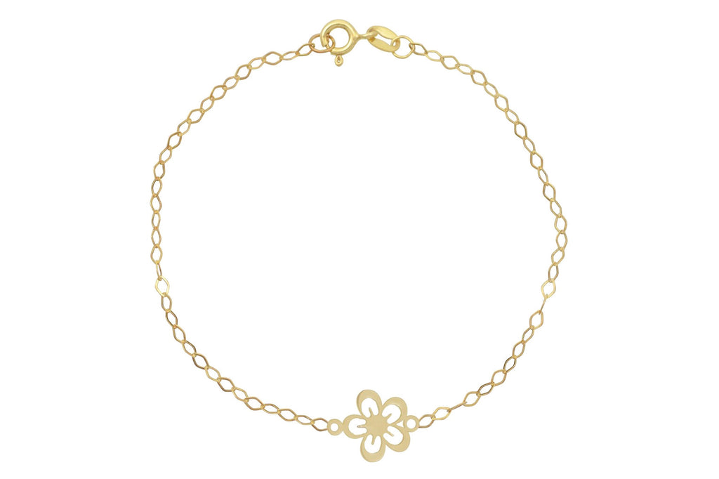 14k gouden armband met bloem, gouden dames bloem armband, armband voor dames met bloemhanger, gouden schakel armband met bloem goud, unieke gouden armband, BeMy Jewels armbanden